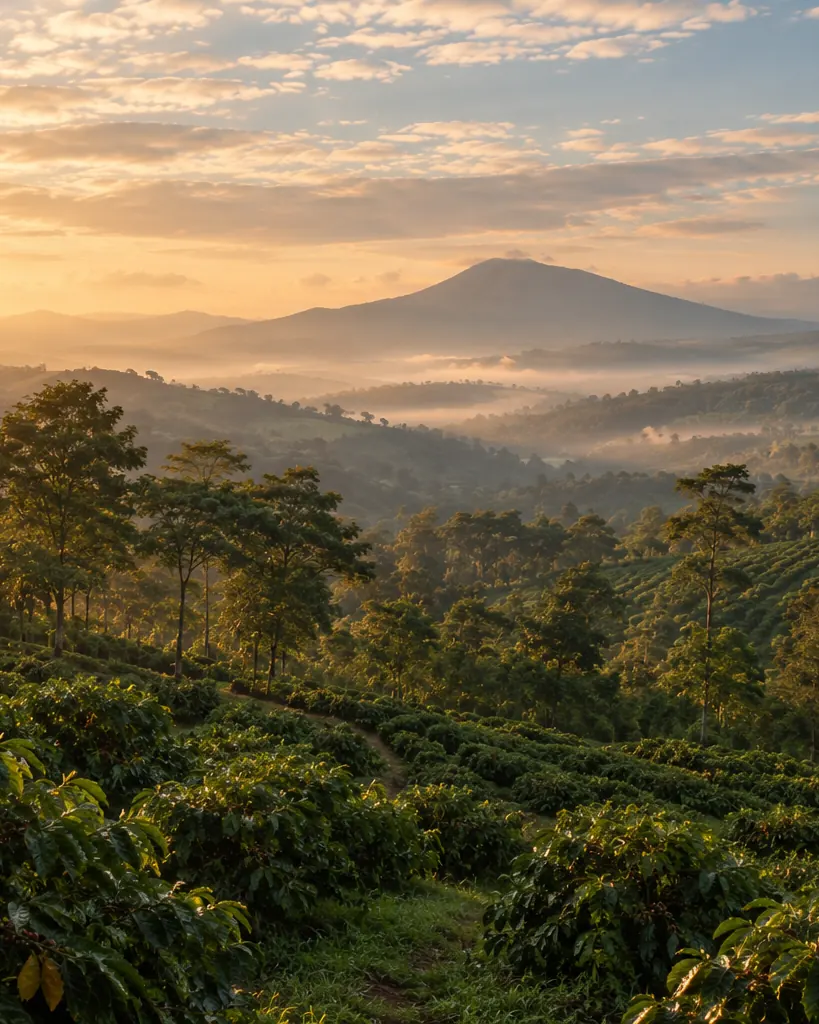 Coffee plantation on a hillside at sunrise, with mist in the valley and mountains in the distance