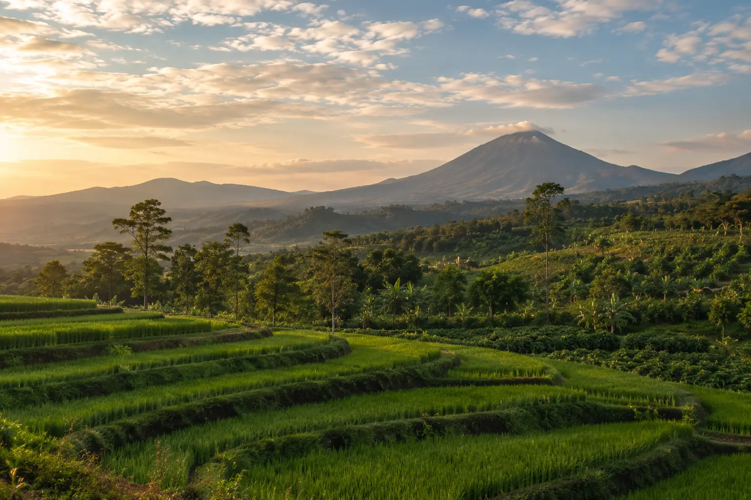 Green terraced rice fields at the foot of a volcano at sunrise, with plantations and trees in the distance