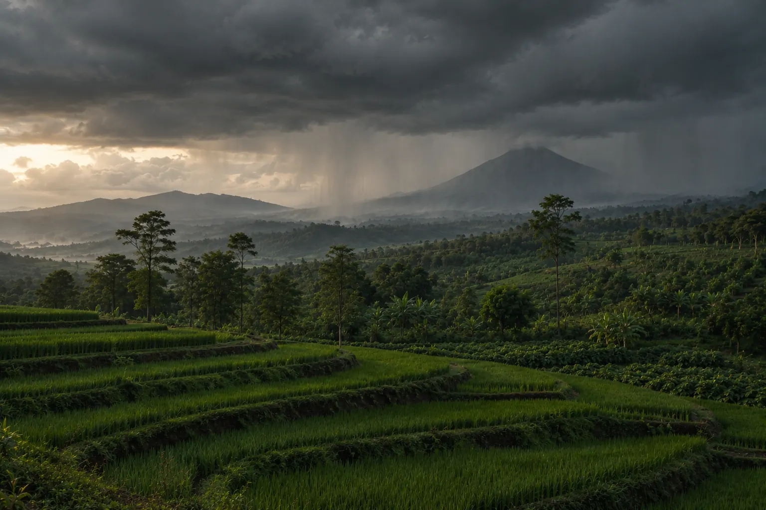 Dark rain clouds moving over terraced rice fields and plantations at the foot of a volcano