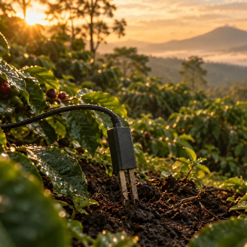 A generic soil sensor probe in the soil of a coffee plantation, among wet leaves